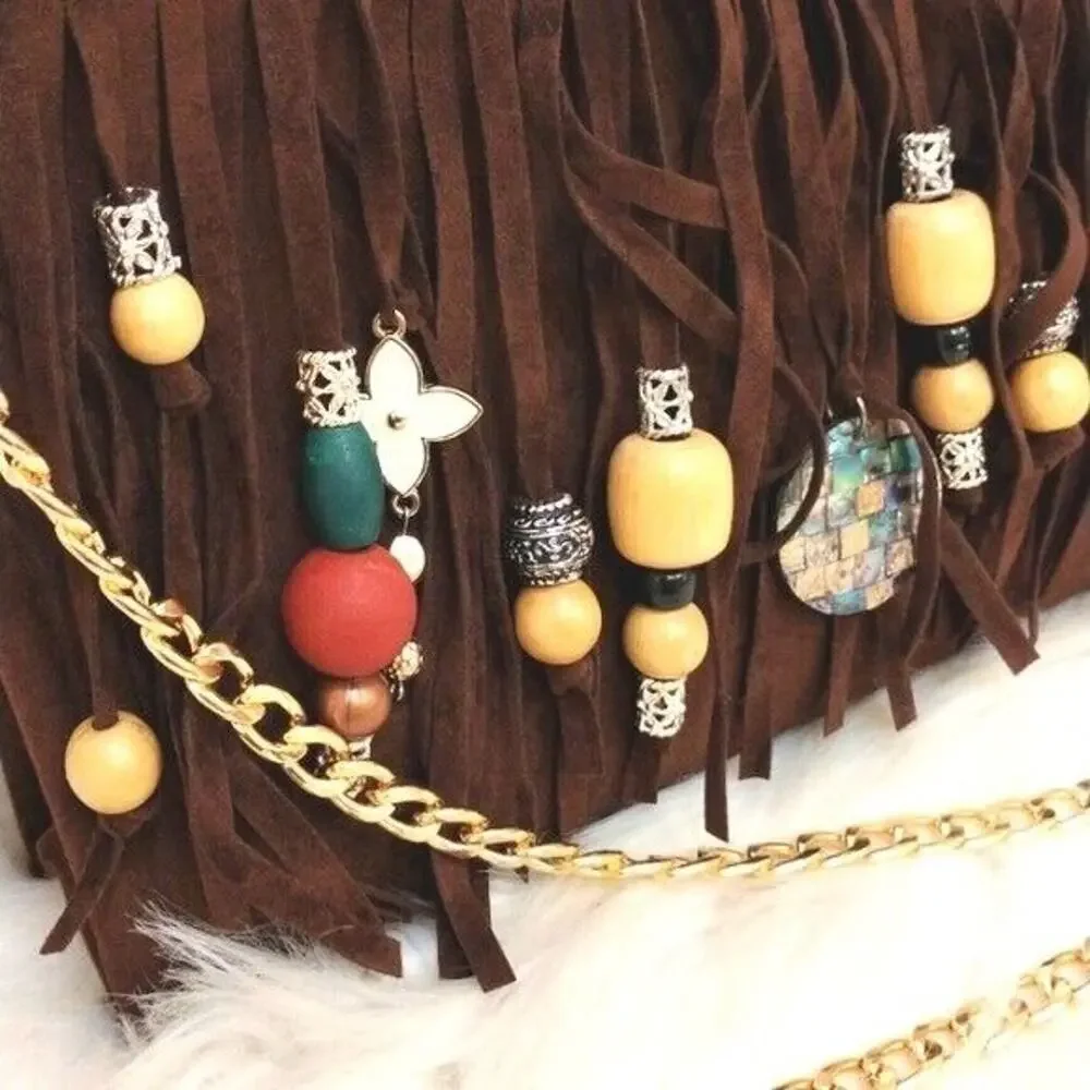 CROSSBODY BROWN Fringed Purse BOHEMIAN Luxury Gold Chain Charms Flower Gypsy NEW